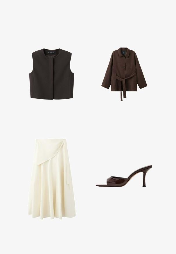 Veste courte marron, sans manches, avec un col rond et une patte de boutonnage à l'avant. Confectionnée en tissu texturé ; design minimaliste, sans éléments métalliques visibles.; Veste marron foncé à manches longues avec col, deux boutons et une ceinture assortie en tissu nouée à la taille.; Jupe midi couleur crème avec design portefeuille et plis doux, confectionnée dans un tissu léger.; Mule en cuir verni marron foncé, à bout ouvert, avec une large bride et un talon haut fin sur fond blanc.