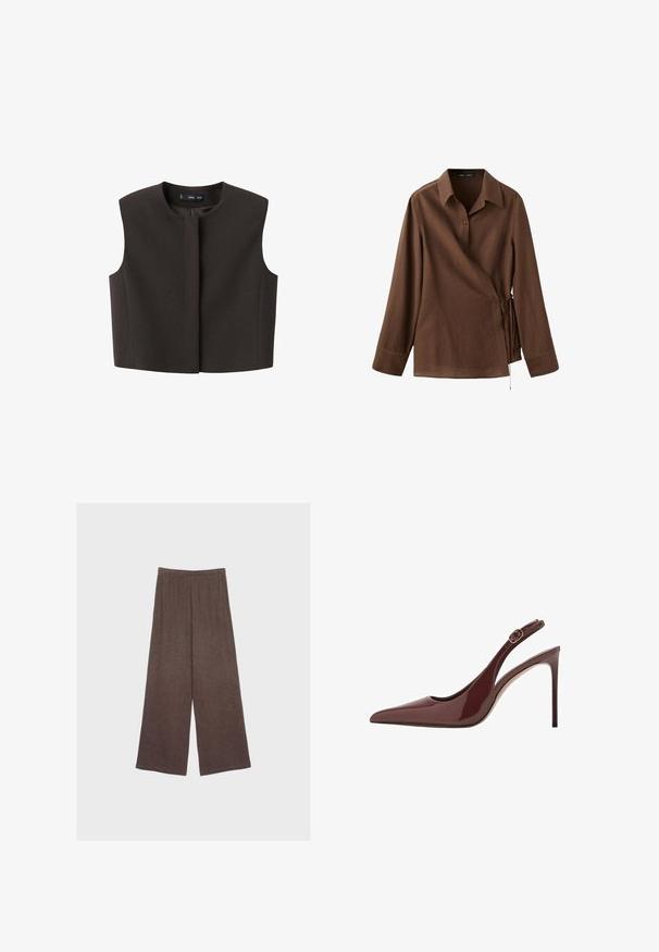 Brun cropped vest, ærmeløs, med rund halsudskæring og frontslå. Fremstillet af tekstureret stof; minimalistisk design, uden synlige beslag.; Brun langærmet omslagsbluse med krave, knaplukning og bindebånd i siden på en ensartet hvid baggrund.; Brune vidde bukser med elastisk talje, lavet af blødt, struktureret stof, vist fladt på en neutral baggrund.; Mørkebrune patentlæder slingback højhælede sko med spids tå, justerbar spænde og slank stiletthæl.