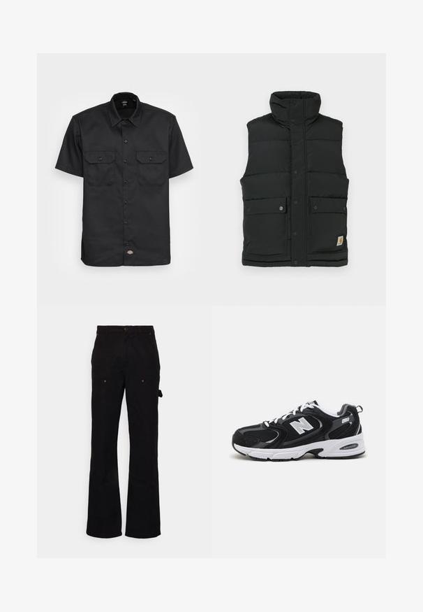 Doudoune noire sans manches avec col montant, fermeture à boutons-pression, deux poches avant et écusson logo sur le bas. Texture lisse et matelassée.; Chemise noire à manches courtes en tissu lisse ; présente deux poches poitrine avec rabat, fermeture à bouton et un col classique.; Pantalons cargo noirs avec une coupe droite, dotés de deux poches avant et d'une poche latérale, fabriqués en tissu durable avec une texture subtile.; Baskets de sport noires et grises avec un tige en mesh et en suède, présentant une semelle intermédiaire blanche, des lacets et un logo "N" audacieux sur le côté.