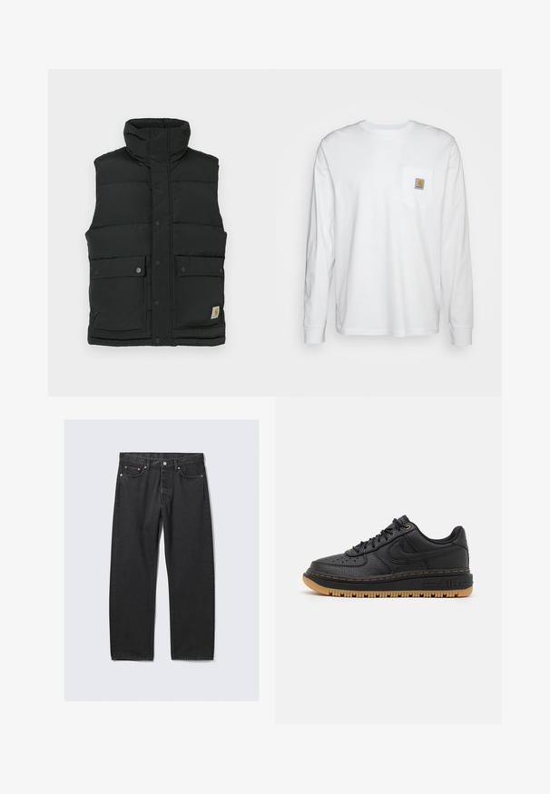 Sort puffer vest med høj krave, trykknaplukning, to frontlommer og logo-patch på nedre side. Glat, quiltet tekstur.; Langærmet hvid skjorte lavet af bomuld, med en brystlomme og et kvadratisk logomærke. Simpelt design med rund udskæring og manchetter.; Sorte jeans med lige ben, fem lommer og knaplukning i taljen, lagt fladt på en lys baggrund.; Sort lædersneaker med tekstureret overflade, rund tå, perforerede detaljer og gummigummisål. Har kontrastfarvet gul syning og logo.