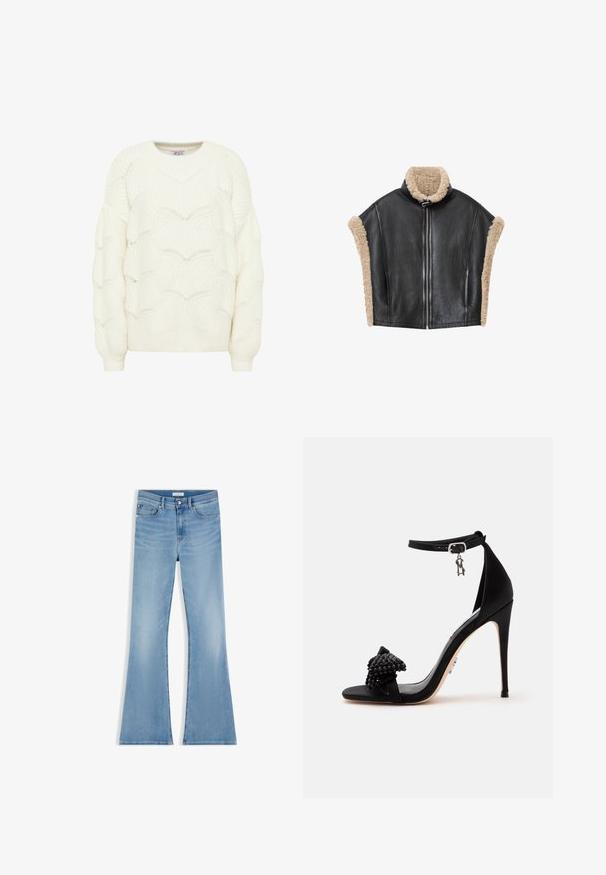 Sort lædervest med beige shearling-krave og -kanter, der har lynlås foran og åbne sider for et struktureret design.; Cremefarvet strikket trøje med et struktureret bølgemønster. Har en rund halsudskæring og lange ærmer med ribbede manchetter.; Lyseblå denimjeans med brede ben, frontknap og lynlås samt fem-lommesdesign på hvid baggrund.; Sort sandal med høj hæl med ankelrem og dekorativ sløjfe lavet af små perler på frontremmen.
