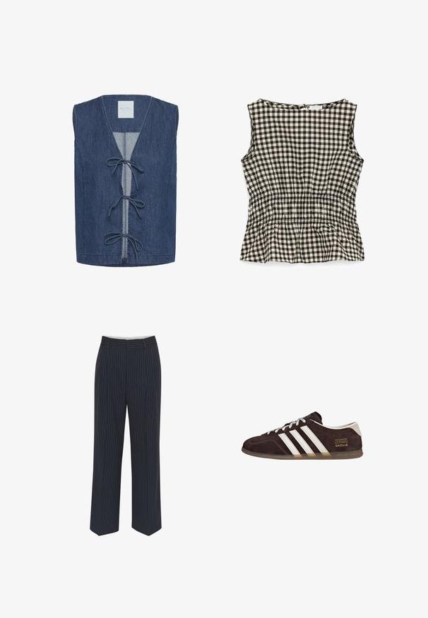 Ærmeløs mørkeblå denimvest med V-udskæring og tre bindelukninger foran ned ad midten.; Ærmeløs sort-hvid gingham ternet bluse med elastisk talje og rund halsudskæring, set bagfra.; Mørkeblå bukser med hvide lodrette striber, vide ben, glat stof, bælteløkker og en midtersøm foran for et skræddersyet udseende.; Brune ruskindssneakers med tre hvide striber, gummisål og tekstlabel med ordene "Gazelle" i guld. Snørebåndsdesign med grå snørebånd.