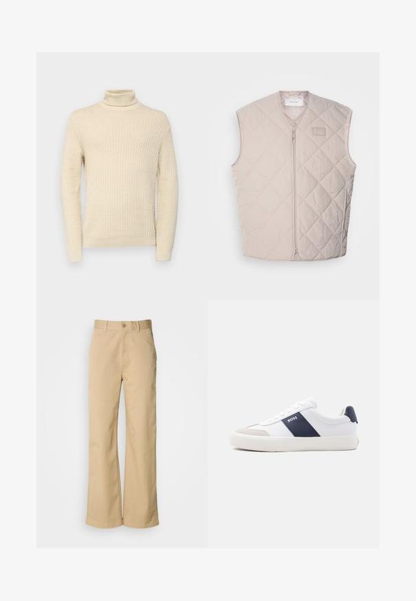 Quilted, ærmeløs vest i lys beige med lynlås og minimal branding. Har diamantmønster og glat tekstur.; Crèmfarvet turtleneck sweater med et struktureret strikkemønster, der har lange ærmer og ribbede manchetter og kant.; Beige, vidde bukser lavet af en bomuldsblanding. Har en knaplukning og bæltestropper. Glat tekstur med minimale syninger.; Hvid sneakers med lav top med navyblå side stribe, "BOSS" logo, beige tåbeskytter og hvid sål, vist i profil på en lys baggrund.
