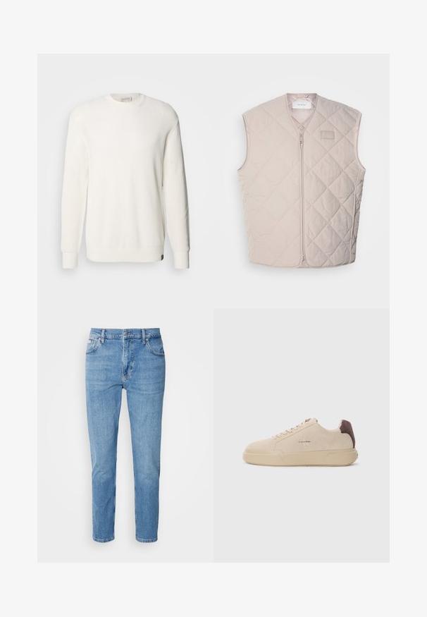 Prešívaná, bezrukávová vesta svetlobežovej farby so zipsom a minimálnym brandingom. Obsahuje diamantový vzor a hladkú textúru.; Calvin Klein Jeans CREW - Svetrík - tofu; Svetlomodré džínsy s rovný strih, dizajn s piatimi vreckami a jemným vyblednutím. Obsahujú zapínanie na gombík a pútka na opasok.; Bežové semišové tenisky s okrúhlou špičkou, šnúrkovým uzatváraním vpredu a hnedým semišovým akcentom na podpätku. Obsahujú štruktúrovanú gumovú podrážku.