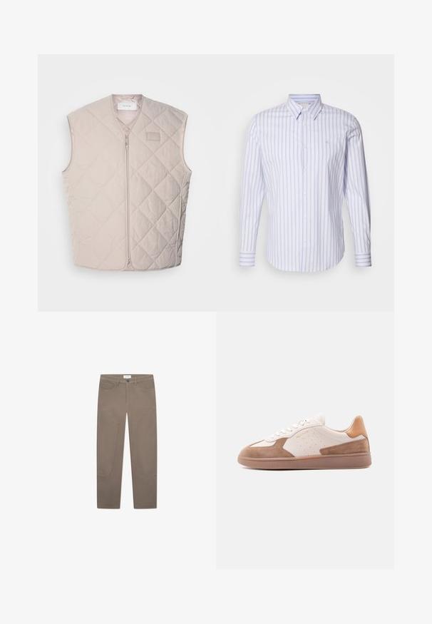 Quilted, ærmeløs vest i lys beige med lynlås og minimal branding. Har diamantmønster og glat tekstur.; Calvin Klein SLIM FIT - Skjorter - inkwell; Brune bukser med lige snit, der har forlommer og accentuerende syninger langs siderne for ekstra detaljer og tekstur.; Hvid og tan lavtop-sneaker med ruskindsdetaljer, perforerede sider, hvide snørebånd og en struktureret gummisål, vist fra siden på hvid baggrund.