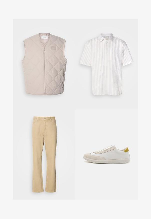 Gilet matelassé sans manches en beige clair avec une fermeture éclair et un branding minimal. Présente un motif en losanges et une texture lisse.; Chemise à manches courtes blanche avec de fines rayures verticales beiges, à col classique et à boutons. Le tissu semble lisse et léger.; Pantalons en velours côtelé beige évasés avec une fermeture à bouton et à fermeture éclair, comportant cinq poches et des coutures visibles le long des jambes. Texture lisse.; Baskets blanches avec des accents en daim beige, semelle en caoutchouc texturée et un détail de talon jaune. Présente un design traditionnel à lacets.