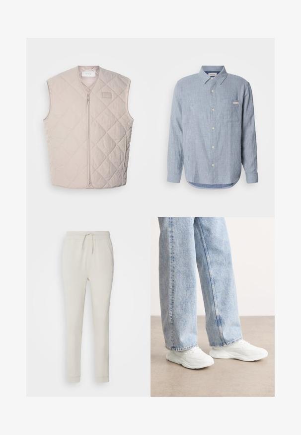 Gilet matelassé sans manches en beige clair avec une fermeture éclair et un branding minimal. Présente un motif en losanges et une texture lisse.; Chemise boutonnée rayée bleu clair, en tissu coton, à manches longues, col pointu, poche poitrine unique et détail de logo.; Pantalons de survêtement beige clair en tissu doux et texturé. Dotés d'une taille à cordon de serrage, de poignets côtelés et de poches latérales. Coupe ajustée.; Baskets blanches de sport au design lisse et moulé avec des semelles texturées, assorties à un jean en denim bleu clair, ample.