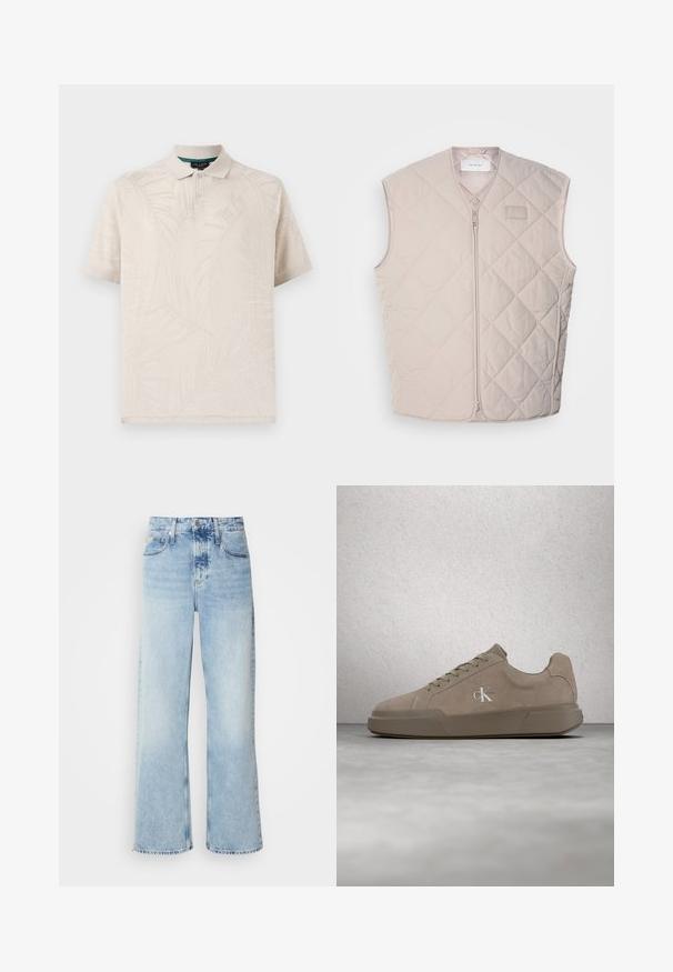 Quilted, ærmeløs vest i lys beige med lynlås og minimal branding. Har diamantmønster og glat tekstur.; Beige polo skjorte lavet af tekstureret stof med et subtilt palmebladsmønster. Den har en klassisk krave og to knapper ved halsen.; Lysblå vide jeans med høj talje, der har en falmet finish, bæltestropper og klassisk fem-lomme design. Kantene er rå.; Beige ruskind sneakers med snørebånd og "ck" logo, vist svævende over poleret beton gulv med glasblokvæg i baggrunden.