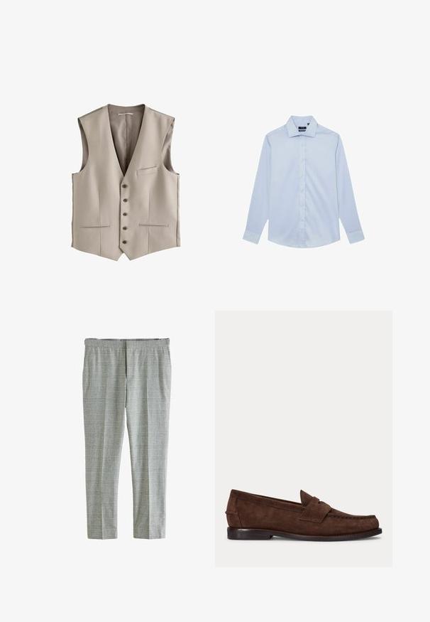 Gilet sans manches beige avec un décolleté en V profond, six boutons, deux poches avant et une doublure intérieure lisse. Tailleur avec des détails de couture subtils.; Chemise boutonnée à manches longues de couleur bleu clair avec un col classique. Fabriquée en tissu lisse, elle présente une coupe standard et des détails de couture subtils.; Pantalons à carreaux gris avec une texture lisse, dotés d'une taille douce et de jambes fuselées. Le motif se compose de lignes grises claires et foncées.; Mocassin penny en daim marron avec un petit talon et des coutures visibles le long de l'orteil, du côté et à l'arrière, présenté sur un fond clair uni.