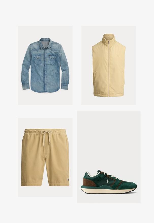 Veste sans manches jaune avec col montant, fermeture éclair à l'avant et deux poches latérales ; fabriquée en tissu lisse et léger avec un logo discret.; Chemise en denim de couleur bleu clair, avec un col pointu, des manches longues, deux poches poitrine et des fermetures à bouton-pression. Design classique de style western.; Shorts en velours côtelé beige avec taille élastique et cordon de serrage, comportant un petit logo sombre brodé près de l'ourlet sur la jambe gauche.; Baskets pour hommes en suede vert foncé et marron, avec des panneaux en maille, des lacets blancs et une semelle en caoutchouc. Présente un logo sur le côté.
