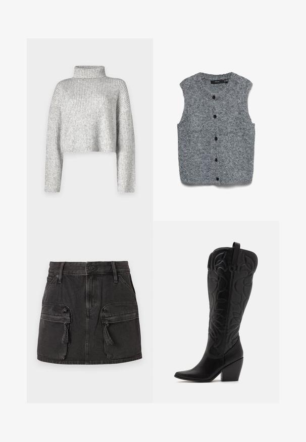Grå strikket ærmeløs vest med blød tekstur, med rund halsudskæring og seks sorte knapper ned foran.; Grå cropped sweater lavet af ribstrikket stof, der har en høj krave og lange ærmer, med en blød tekstur og subtil farvevariation.; Sort denim nederdel med en tætsiddende talje, to front cargo-lommer og en falmet tekstur. Har knaplukning og bæltestropper.; Sorte knæhøje støvler i læder med spids snude og lagdelt hæl. Har dekorative syninger og buede designelementer.