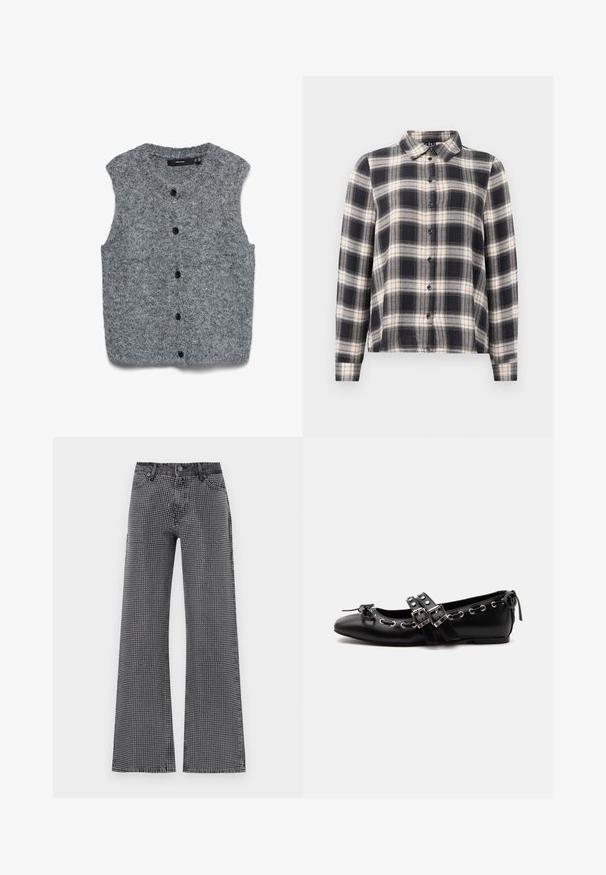 Grå strikket ærmeløs vest med blød tekstur, med rund halsudskæring og seks sorte knapper ned foran.; Langærmet ternet skjorte i navy, hvid og beige. Har standard krave, knaplukning fortil og blødt stof med ternet mønster.; Bredde benjeans i sort denim med et hvidt prikkemønster; har et klassisk fem-lomme-design og knappelukning.; Sort flad balletsko med dobbelt spænde, sølvøjer og en lille sløjfe nær den runde tå på en hvid baggrund.