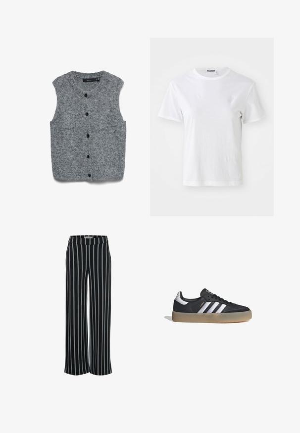 Chaleco gris sin mangas de punto con una textura suave, que presenta un escote redondeado y seis botones negros en la parte frontal.; Camiseta blanca de manga corta hecha de una tela suave. Cuenta con un escote redondo y un corte recto, con una etiqueta en el cuello interior.; Pantalones de tela negra con rayas verticales azules, diseño de pierna ancha y cintura elástica. Textura suave, sin cierres visibles.; Zapatilla deportiva de cuero negro con tres rayas plateadas, punta texturizada y suela de goma. Cuenta con un collar acolchado y un diseño con cordones.