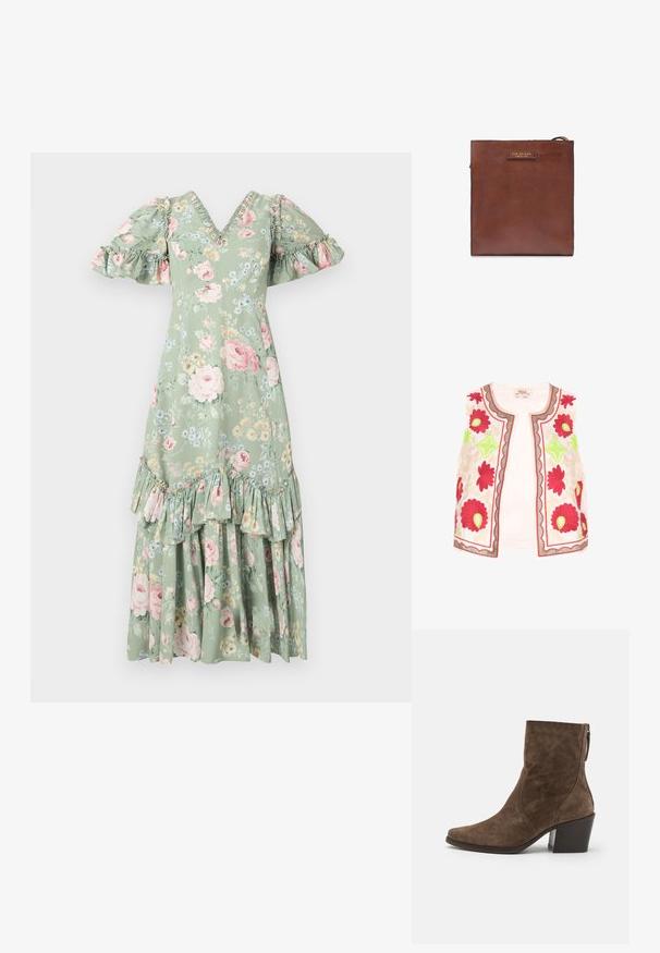 Gilet sans manches brodé en tissu blanc avec des motifs floraux rouges, roses et verts, présentant un bord festonné et un biais contrastant.; Robe maxi florale en vert doux avec un décolleté en V, des manches bouffantes, des accents en volants et un ourlet à plusieurs niveaux. Présente des roses roses et de petites fleurs bleues.; Bottes à chevilles en suede marron avec un bout pointu, une fermeture éclair sur le côté et un talon épais. Présente une texture lisse et des détails de couture minimalistes.; Sac carré en cuir marron avec une petite poignée supérieure et une étiquette "THE BRIDGE FIRENZE 1969" au centre avant.