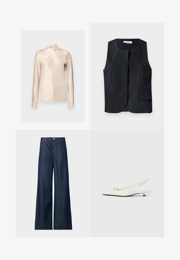 Schwarwestreifenveste ohne Ärmel mit rundem Ausschnitt und einer einzigen Klapptasche auf weißem Hintergrund.; Rabanne Langarmshirt - skin nude; Dunkelblaue Jeans mit weitem Bein, vorne mit Knöpfen und Taschen, abgebildet auf einem einfarbigen hellgrauen Hintergrund.; Weiße Leder-Slingback-Schuhe mit spitzem Zehenbereich, goldenen Hardware-Details und einem niedrigen Blockabsatz. Glatte Textur mit Aussparungen.