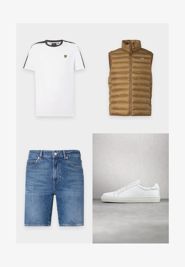 Chaleco sin mangas acolchado marrón con un alto cuello, cierre frontal con cremallera y bolsillos laterales. Presenta un pequeño logo en el pecho.; Camiseta blanca de algodón con cuello redondo, con acentos en negro en los hombros y un pequeño logo amarillo en el lado izquierdo del pecho. Mangas cortas.; Shorts de mezclilla en un lavado azul medio con un corte recto, diseño de cinco bolsillos y cierre con botón en la parte superior. Presentan costuras en contraste.; Zapatilla blanca con parte superior de cuero liso y perfil bajo. Presenta una puntera redondeada, seis ojales y una suela de goma texturizada.