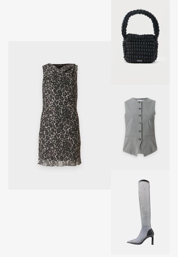 Gilet sans manches gris avec un col rond, fermeture à boutons à l'avant et deux poches latérales. Fabriqué en tissu texturé avec une coupe ajustée.; Robe courte sans manches en tissu léger avec un motif léopard gris et noir. Dotée d'un col drapé et d'un ourlet festonné.; Botte noire en résille montant jusqu'au genou avec un bout pointu, détaillée avec des accents brillants et un talon noir brillant. Elle présente un design élégant et texturé.; Petit sac à main noir matelassé avec une poignée courte rembourrée et une étiquette "HUGO" à l'avant, présenté sur un fond clair uni.