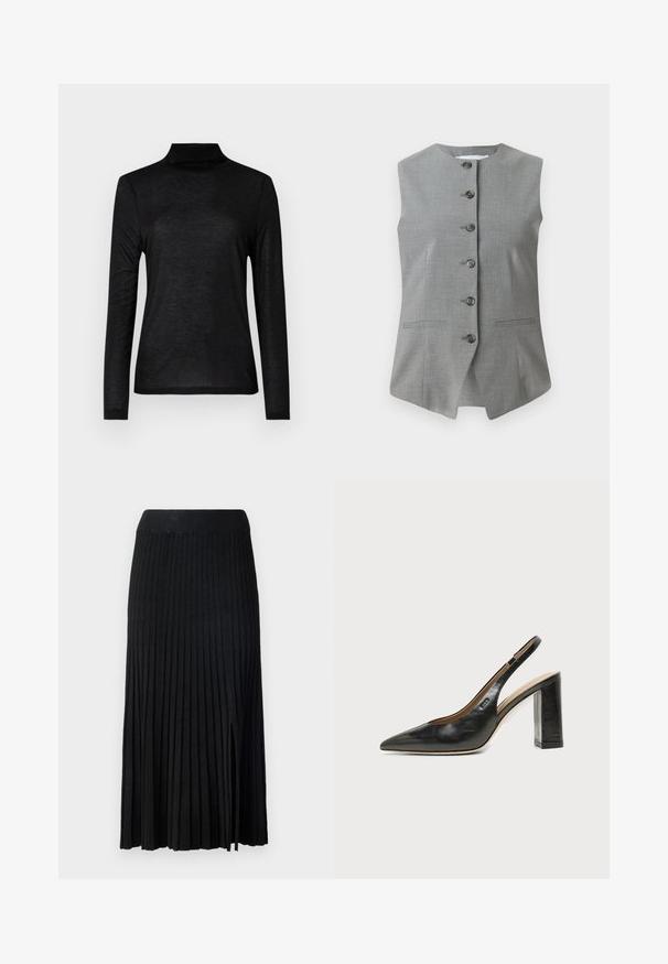 Gilet sans manches gris avec un col rond, fermeture à boutons à l'avant et deux poches latérales. Fabriqué en tissu texturé avec une coupe ajustée.; Haut turtleneck noir à manches longues en tissu lisse et léger. Présente un design ajusté avec un col haut et sans motifs.; Jupe midi plissée noire avec ceinture côtelée, présentant un tissu texturé, une fente latérale et des lignes verticales sur l'ensemble du design.; Chaussure slingback en cuir noir à bout pointu avec un talon bloc haut et une doublure intérieure beige sur un fond clair uni.