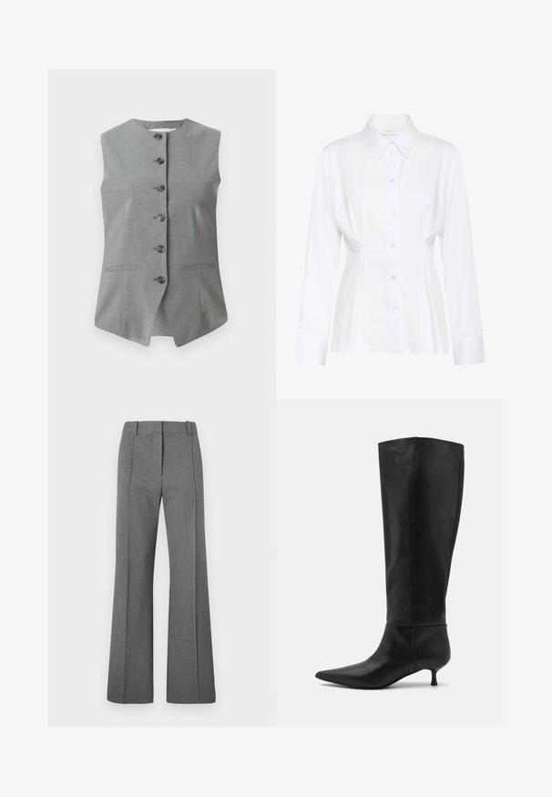 Grauer ärmelloser Weste mit Rundhalsausschnitt, vorderer Knopfleiste und zwei seitlichen Taschen. Hergestellt aus einem strukturierten Stoff mit tailliertem Schnitt.; Weiße, langärmlige Bluse mit Knopfleiste, spitzem Kragen, tailliertem Schnitt und sichtbarem Markenetikett "Gestuz" innen am Kragen.; Graue, gestreifte Schlaghosen mit flachem Bund, Gürtelschlaufen und glattem Material. Lange Ausführung mit subtilen Musterdetails.; Knöchelhohe schwarze Lederstiefel mit einer spitz zulaufenden Zehenpartie und einem Kitten-Heel. Glatte Textur und minimalistisches Design ohne sichtbare Beschläge oder Akzente.