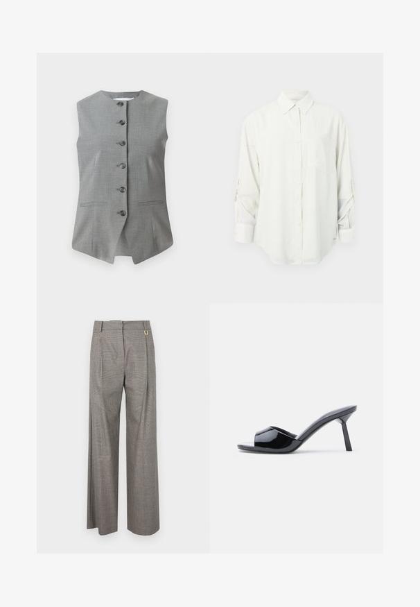 Gilet sans manches gris avec un col rond, fermeture à boutons à l'avant et deux poches latérales. Fabriqué en tissu texturé avec une coupe ajustée.; Chemise blanche à manches longues avec col, poche poitrine unique et manches retroussées. Tissu doux et lisse avec une coupe décontractée.; Pantalons larges en tartan gris avec taille haute, plissés à l'avant et accent en métal doré à la taille. Tissu texturé.; Sandales à talons ouverts en cuir verni noir, avec un design supérieur incurvé et un talon aiguille effilé. Finition lisse et brillante.