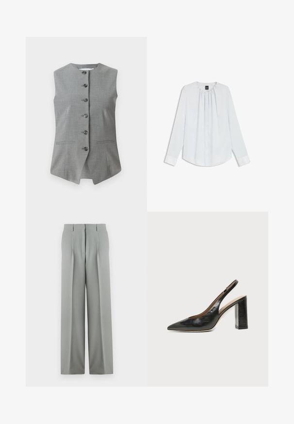 Grijze mouwloze vest met een ronde halslijn, sluiting met knopen aan de voorkant en twee zijzakken. Gemaakt van een gestructureerde stof met een getailleerde pasvorm.; Witte blouse met lange mouwen, geplooide halslijn, verborgen knopen aan de voorkant en manchetten, plat gelegd op een witte achtergrond.; Lichtgrijze wijde trousers van soepel materiaal, met een hoge taille, geplooide voorkant en twee achterzakken met riemlussen.; Zwarte leren slingback schoen met spits toelopend neusje, hoge blokhak en beige binnenvoering tegen een effen lichte achtergrond.
