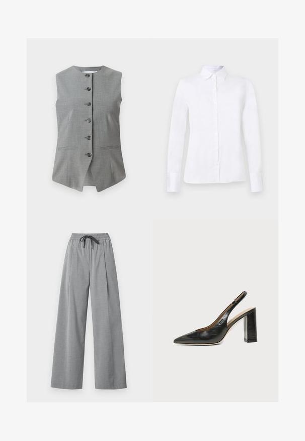 Gilet sans manches gris avec un col rond, fermeture à boutons à l'avant et deux poches latérales. Fabriqué en tissu texturé avec une coupe ajustée.; Chemise blanche à manches longues avec col pointu et silhouette ajustée, présentée sur un fond gris clair uni.; Pantalon gris clair à jambes larges avec taille élastique et cordon noir, fabriqué en tissu lisse, présenté sur fond blanc.; Chaussure slingback en cuir noir à bout pointu avec un talon bloc haut et une doublure intérieure beige sur un fond clair uni.