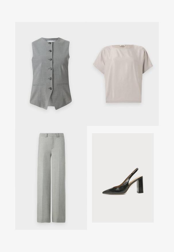 Grauer ärmelloser Weste mit Rundhalsausschnitt, vorderer Knopfleiste und zwei seitlichen Taschen. Hergestellt aus einem strukturierten Stoff mit tailliertem Schnitt.; Beige Baumwollbluse mit kurzen Ärmeln, rundem Ausschnitt, weiter Passform und einem kleinen Etikett im hinteren Innenkragen.; Graue, weit geschnittene Hosen aus leichtem Stoff, mit flachem Bund, Gürtelschlaufen und sauberen, maßgeschneiderten Linien ohne sichtbare Muster.; Schwarzer Leder-Damenslingback-Schuh mit spitzer Zehenpartie und dickem hohem Blockabsatz vor weißem Hintergrund.