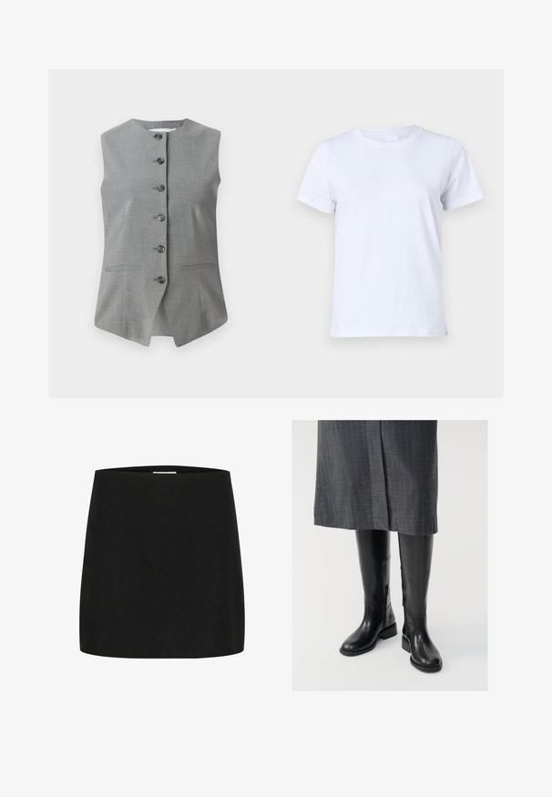 Chaleco sin mangas gris con un escote redondo, cierre de botones en la parte delantera y dos bolsillos laterales. Fabricado con una tela texturada y un ajuste entallado.; Camiseta de algodón blanca, de manga corta, diseño clásico de cuello redondo, textura lisa sin patrones ni acentos, ajuste estándar, simple y versátil.; Minifalda negra hecha de un tejido texturizado, con un corte simple y recto, sin adornos ni patrones visibles.; Botas de cuero negro hasta la rodilla con una textura suave, cremalleras laterales y suela plana. Las botas cuentan con un caña estructurada y un hardware mínimo.