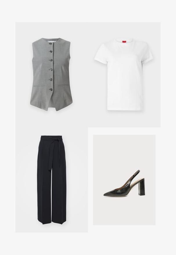Grauer ärmelloser Weste mit Rundhalsausschnitt, vorderer Knopfleiste und zwei seitlichen Taschen. Hergestellt aus einem strukturierten Stoff mit tailliertem Schnitt.; Weißes Kurzarm-T-Shirt aus leichtem Baumwollstoff. Hat einen runden Halsausschnitt und umgeschlagene Ärmel. Rotes Logo-Tag am Kragen.; Schwarze weite Hosen aus weichem Stoff. Mit einem Gürteltäfelchen und vorderen Falten. Glatte Textur mit einem klaren, modernen Design.; Schwarzer Leder-Damenslingback-Pumps mit spitzer Zehenpartie und dickem hohem Blockabsatz auf weißem Hintergrund.