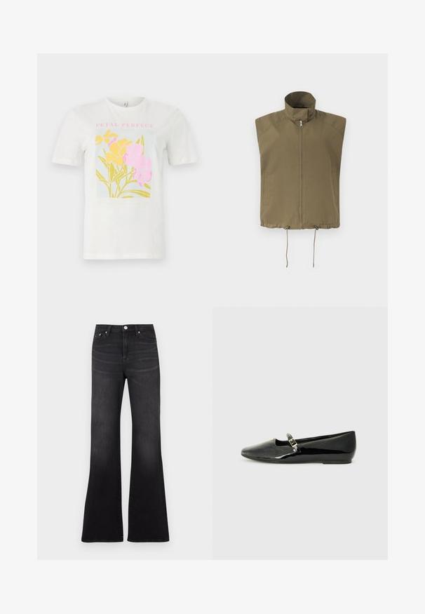 Veste sans manches vert olive avec col montant, fermeture éclair frontale, deux poches latérales et cordons ajustables à l'ourlet inférieur.; T-shirt en coton blanc avec un imprimé floral coloré comprenant des fleurs jaunes et roses, avec le texte encadré "PETAL PERFECT" en rose, sur un fond bleu clair.; Jean flare noir en tissu denim, avec une taille haute, un design cinq poches, et une légère décoloration vers l'ourlet des jambes.; Ballerines en cuir verni noir avec un bout pointu, une sangle à la cheville avec une boucle dorée et un design minimaliste. Semelle plate et texture brillante.