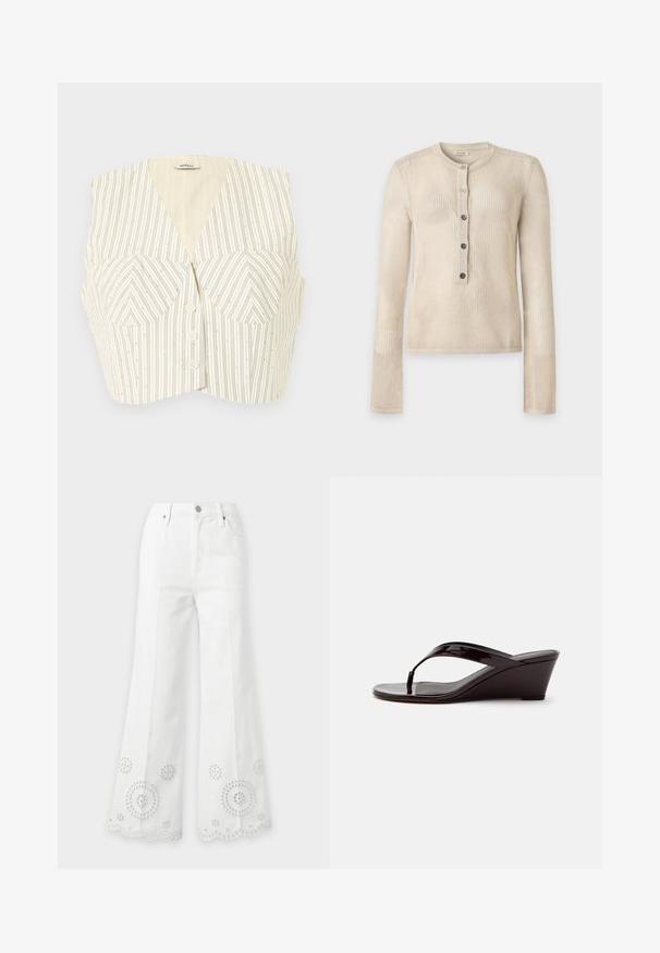 Veste courte crème avec fines rayures verticales noires, bonnets structurés et trois boutons à l'avant.; Haut beige texturé en maille à manches longues avec col rond et patte de cinq boutons au centre devant.; Jean blanc taille haute à jambes larges avec broderie florale en œillet et ourlets festonnés.; Sandale compensée en cuir verni marron avec bride entre les orteils et bout ouvert, vue de profil sur un fond uni.