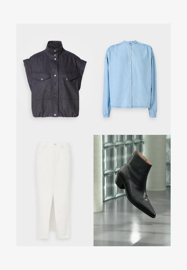 Veste courte à manches courtes, gris foncé, fabriquée en tissu texturé, avec fermeture à boutons-pression et deux poches avant à rabat. Design à col haut.; Chemise boutonnée à manches longues bleu clair en denim doux, avec un col rond, des épaules froncées et une coupe droite.; Jupe en denim blanc avec une fente à l'avant, dotée d'une fermeture par bouton et fermeture éclair, cinq poches et un ourlet brut en bas.; Bottine en cuir noir avec un bout pointu et un talon carré lévitant au-dessus d'un sol gris réfléchissant près d'un mur en blocs de verre.