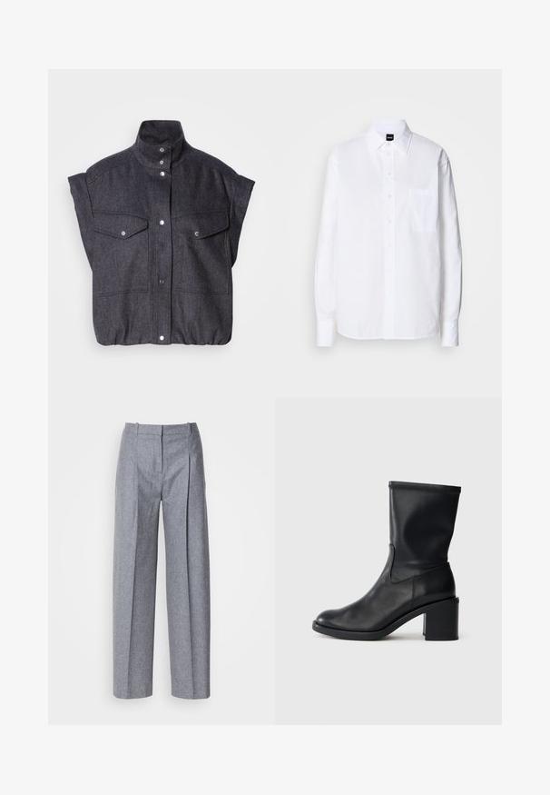 Chaqueta de manga corta gris oscuro, hecha de tejido texturizado, con cierre de botones a presión y dos bolsillos frontales con solapa. Diseño de cuello alto.; Camisa blanca de botón hecha de algodón, con cuello clásico, mangas largas, un bolsillo en el pecho y una textura suave y crujiente.; Pantalones de pierna ancha color gris claro con una tela texturizada, que presentan pliegues en la parte delantera y una cintura entallada. Diseño minimalista, sin herrajes visibles.; Botín negro de cuero hasta el tobillo con punta redonda, textura suave y tacón grueso, que presenta un eje ajustado y un sutil detalle de costura.