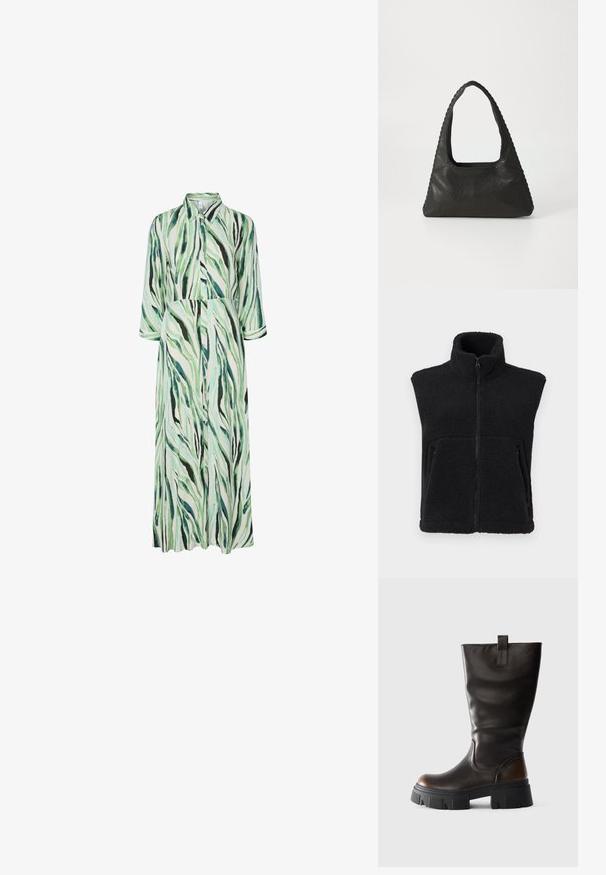 Gilet en polaire noir avec col haut, fermeture éclair à l'avant et deux poches latérales. Présente un tissu texturé et un design sans manches.; Robe longue boutonnée avec col et manches 3/4, présentant un motif abstrait rayé vert, noir et blanc.; Botte noire en cuir haute avec une semelle plateforme noire épaisse et une accentuation marron au talon, vue latérale sur fond gris clair.; Sac à main en cuir noir de forme triangulaire, avec une grande poignée découpée et des coutures détaillées le long des bords. Texture lisse.