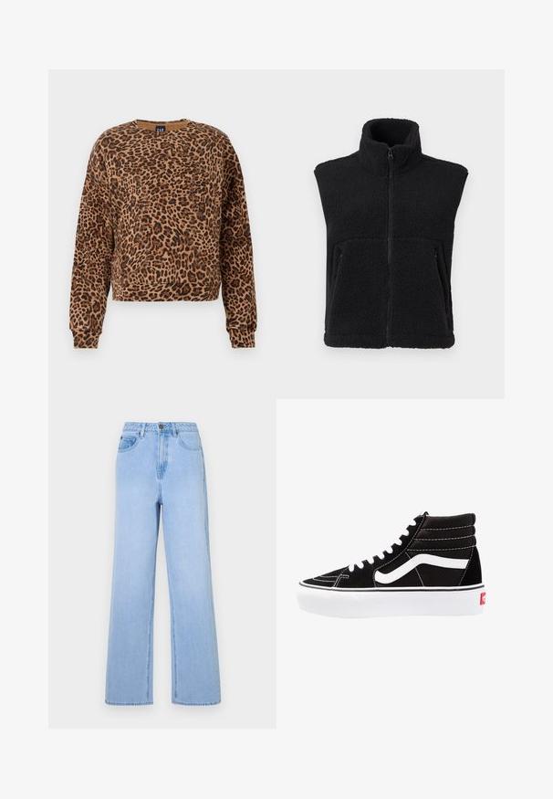 Schwarze Fleece-Weste mit hohem Kragen, Frontreißverschluss und zwei Seitentaschen. Besteht aus Textilmaterial und hat ein ärmelloses Design.; Sweatshirt mit Leopardenmuster in Brauntönen und Schwarz. Hergestellt aus weichem Material, verfügt über einen runden Ausschnitt und lange Ärmel mit gerippten Bündchen.; Hellblaue High-Waist-Jeans mit weitem Bein, aus Denim gefertigt. Hervorgehobene Nähte und Fünf-Taschen-Design.; Schwarze High-Top-Sneaker mit weißen Schnürsenkeln, einem weißen Logo und kontrastierendem weißen Nähten. Verfügt über eine dicke weiße Sohle und ein strukturiertes Wildleder-Obermaterial.