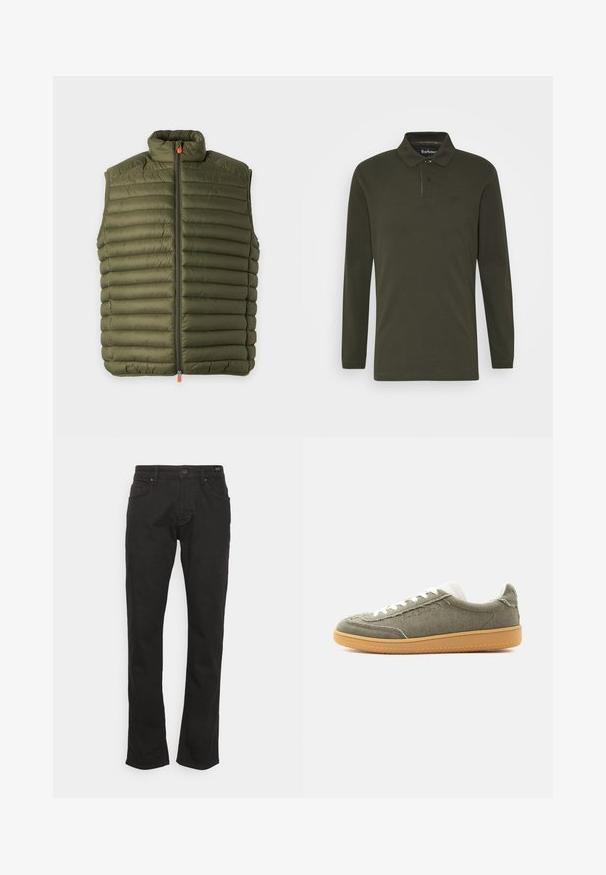 Mouwloos donsjack in olijfgroen met horizontale stiksel en een voorrits met kleine oranje lipjes aan de rits.; Barbour SPORTS - Poloshirt - forest; JOOP! Jeans MITCH - Straight leg jeans - black; Lage casual sneaker met olijfgroene stoffen bovenkant, witte veters, gevoerde kraag en zool van kauwgomrubber, getoond op een effen achtergrond.