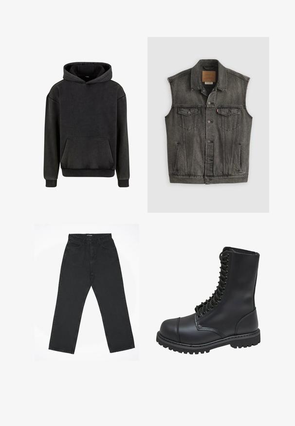 Schwarz ausgewaschene ärmellose Jeansweste mit Knopfleiste vorne und zwei aufgesetzten Brusttaschen mit Knöpfen, flach auf weißem Hintergrund liegend.; Urban Classics Kapuzenpullover - magnet; Schwarze Jeans mit geradem Bein, fünf Taschen und Reißverschluss, flach auf weißem Hintergrund liegend, mit der Aufschrift "2Y STUDIOS" am Bund.; Schwarze Lederkampfstiefel mit hohem Schaft, Schnürung an der Vorderseite, gepolstertem Kragen und rutschfester, strukturierter Sohle für guten Halt. Mit verstärkter Zehenkappe.