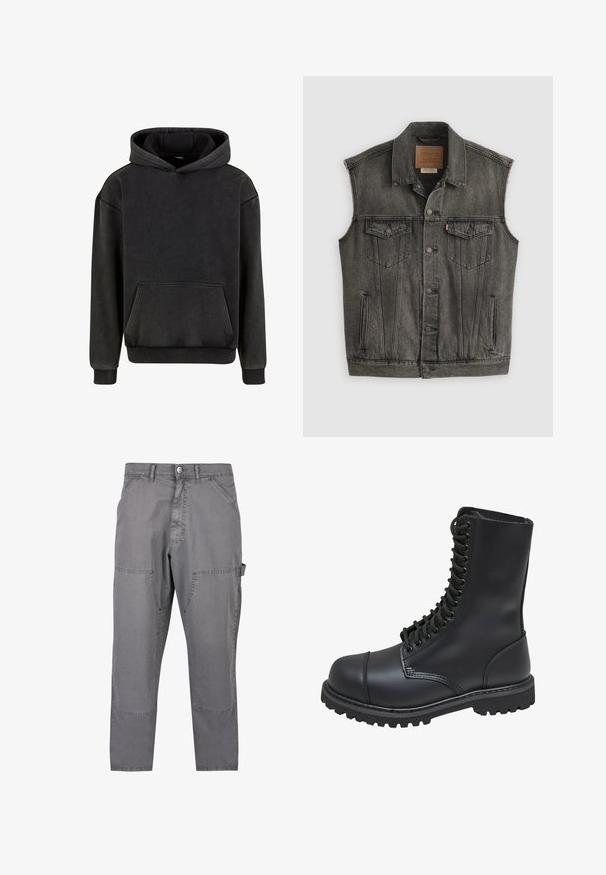 Schwarz ausgewaschene ärmellose Jeansweste mit Knopfleiste vorne und zwei aufgesetzten Brusttaschen mit Knöpfen, flach auf weißem Hintergrund liegend.; Urban Classics Kapuzenpullover - magnet; Graue Cargo-Hosen aus Baumwolle mit geradem Schnitt, seitlichen Taschen und Doppelnaht für Haltbarkeit.; Schwarze Lederkampfstiefel mit hohem Schaft, Schnürung an der Vorderseite, gepolstertem Kragen und rutschfester, strukturierter Sohle für guten Halt. Mit verstärkter Zehenkappe.