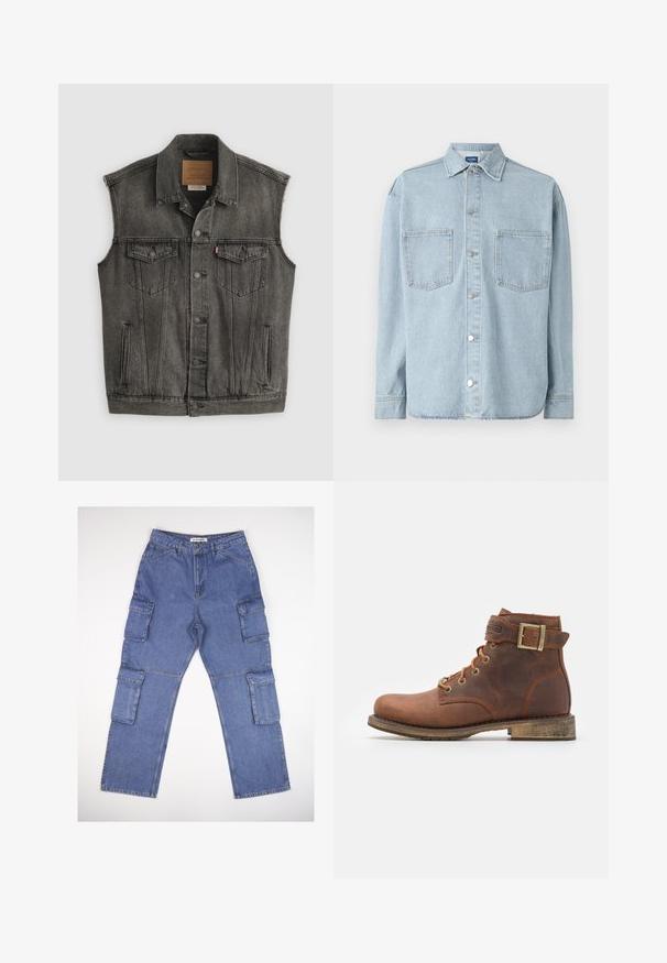 Schwarz ausgewaschene ärmellose Jeansweste mit Knopfleiste vorne und zwei aufgesetzten Brusttaschen mit Knöpfen, flach auf weißem Hintergrund liegend.; Helleblaue Jeanshemd mit langen Ärmeln, Knopfverschluss, zwei Brusttaschen und klassischem Kragen. Strukturierter Stoff mit geradem Saum.; Blaue Denim-Cargo-Hosen mit mehreren Seitentaschen, einem geraden Beindesign und einem klassischen Bund. Der Stoff hat eine leicht strukturierte Textur und ist leicht ausgebleicht.; Harley Davidson VNTGMOTO SHORT RIDING APPROVED - Cowboy-/Bikerstiefelette - brown
