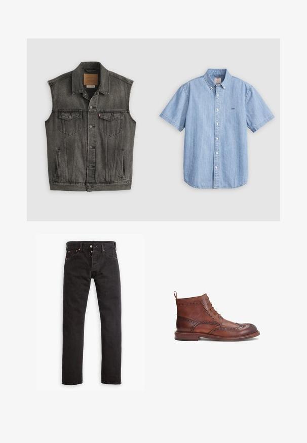 Sort falmet ærmeløs denimvest med knaplukning foran og to knappede brystlommer, lagt fladt på hvid baggrund.; Lyseblå denim kortærmet skjorte med knappestolpe og knapper foran, samt en lille logo på venstre bryst. Glat tekstur.; Sorte slim-fit jeans med knapåbning, fem lommer og kobbernitter liggende fladt på en hvid baggrund.; Brune læderstøvle med dekorative brogue-detaljer, rund tå, snøredesign og lav stak heel. Inkluderer en bageste pull-tab.
