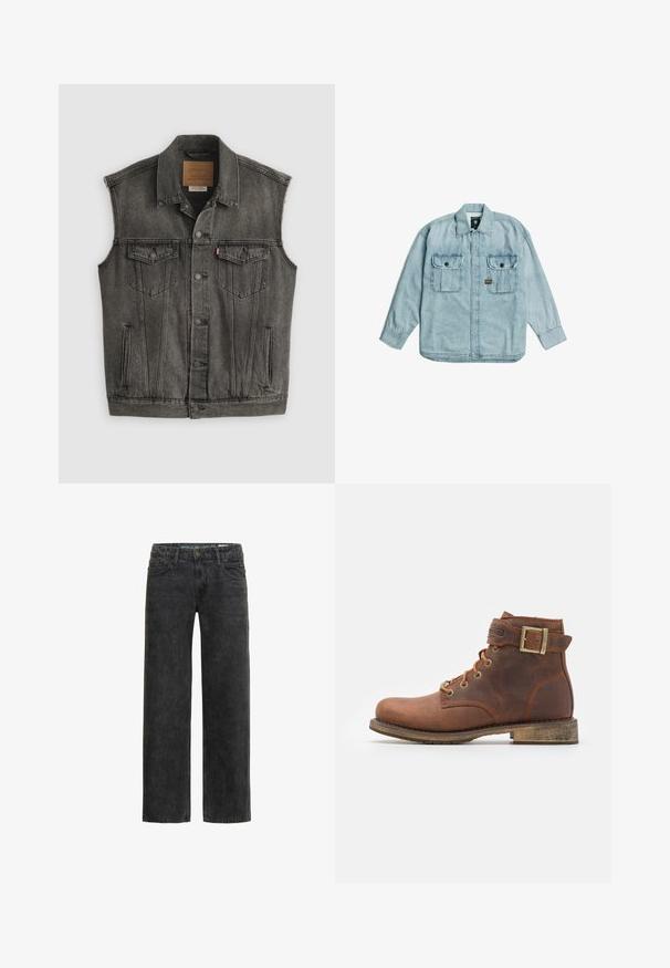 Zwarte vervaagde mouwloze spijkervest met knopen aan de voorkant en twee met knopen gesloten borstzakken, plat gelegd op een witte achtergrond.; Lichtblauw denim shirt met lange mouwen, kraag, knoopsluiting aan de voorkant en twee borstzakken met knopen op een witte achtergrond.; Zwarte denim jeans met een ontspannen pasvorm, rechte pijpen, vijf-pocket ontwerp en een subtiele vervaagde textuur. Voorzien van een knoop- en ritssluiting.; Harley Davidson VNTGMOTO SHORT RIDING APPROVED - Cowboy-/Bikerlaarsjes - brown