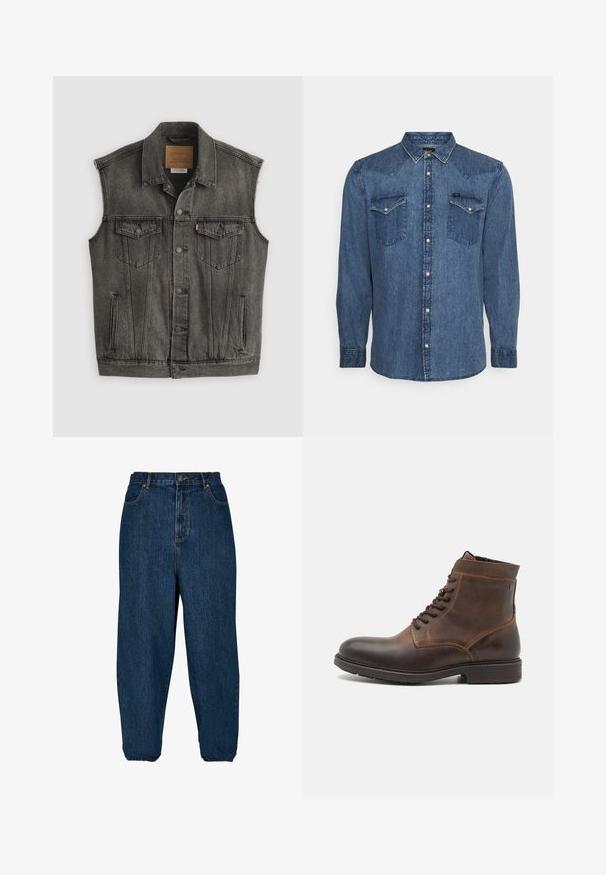 Veste en jean noire délavée sans manches avec fermeture frontale à boutons et deux poches poitrine à boutons, posée à plat sur fond blanc.; Chemise en denim bleu à manches longues avec deux poches poitrine et boutons-pression, présentée sur un fond clair uni.; Jean en denim bleu foncé avec une coupe décontractée, taille haute et poignets élastiques. Il dispose d'une fermeture à bouton à l'avant et de cinq poches.; Jack & Jones JFWDELANEY BOOT - Bottines à lacets - cognac
