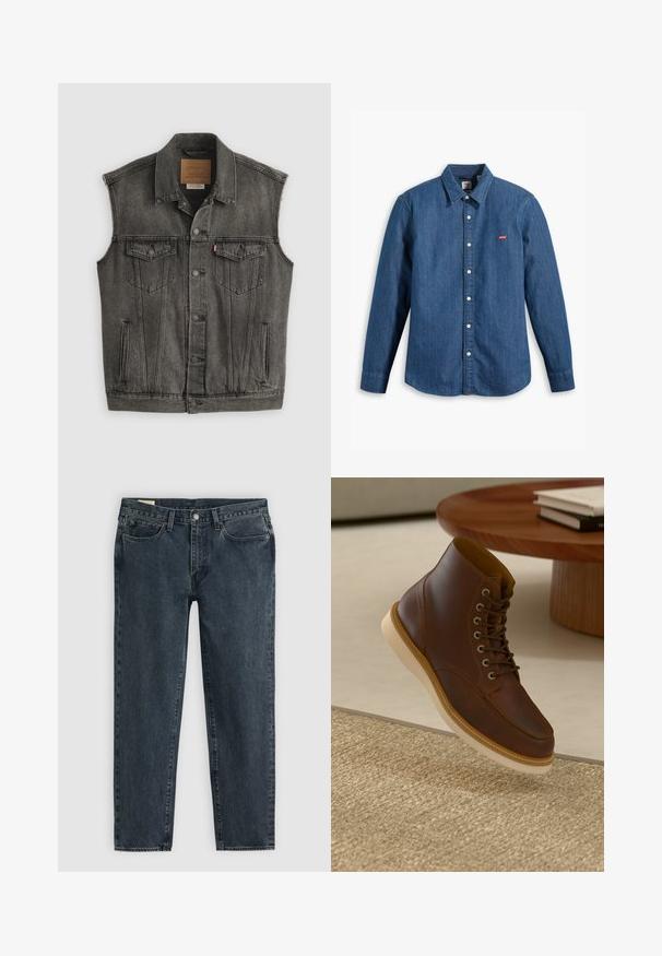 Schwarz ausgewaschene ärmellose Jeansweste mit Knopfleiste vorne und zwei aufgesetzten Brusttaschen mit Knöpfen, flach auf weißem Hintergrund liegend.; Dunkelblaue Jeanshemd mit langen Ärmel, Kragen und Knopfverschluss. Mit einem kleinen roten Levi's-Logo auf der Brust. Glatte Textur.; Dunkelblaue Denim-Jeans mit geradem Bein, fünf Taschen und einem Knopfverschluss. Subtile Ausbleichungen verleihen dem Stoff Textur.; Braune Leder-Ankle-Boots mit beiger Sohle auf einem strukturierten beigen Teppich neben einem runden Holztisch mit gestapelten Büchern.