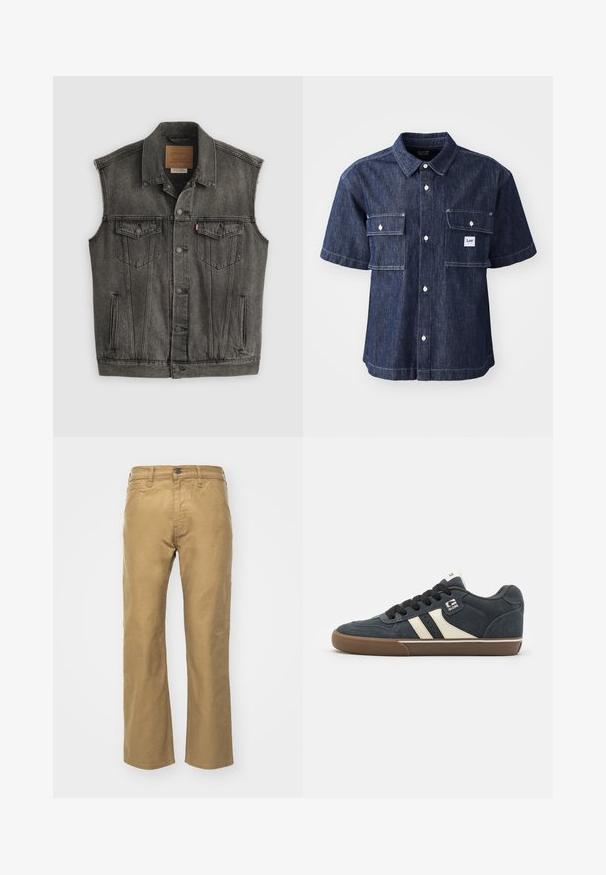 Schwarz ausgewaschene ärmellose Jeansweste mit Knopfleiste vorne und zwei aufgesetzten Brusttaschen mit Knöpfen, flach auf weißem Hintergrund liegend.; Dunkelblauses Denim-Hemd mit kurzen Ärmeln und Knopfverschluss, ausgestattet mit zwei Brusttaschen und einem kleinen Logo-Patch neben der linken Tasche.; Khakihosen aus Baumwolle. Gerader Schnitt mit einem Bund und Fronttaschen. Verfügt über eine einzelne Gesäßtasche und subtile Nähdetails.; Dunkelblaue Wildledersneaker mit cremefarbenen Streifen, schwarzen Schnürsenkeln und einer braunen Gummisohle. Verfügt über einen gepolsterten Kragen und ein Logo an der Seite.