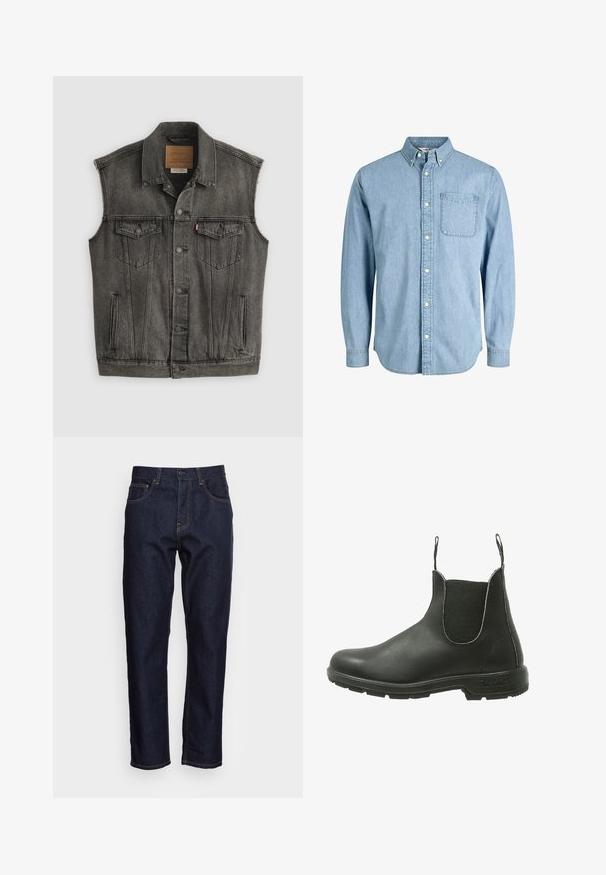 Schwarz ausgewaschene ärmellose Jeansweste mit Knopfleiste vorne und zwei aufgesetzten Brusttaschen mit Knöpfen, flach auf weißem Hintergrund liegend.; Hellblaues Denim-Hemd mit Knöpfen, langen Ärmeln, Kragen, Fronttasche und dezenter Textur. Verfügt über weiße Knöpfe entlang der Knopfleiste.; Dunkelblaue Denim-Jeans mit geradem Schnitt, fünf Taschen und kontrastierendem gelben Nähten. Mit einem klassischen Knopf- und Reißverschluss ausgestattet.; Schwarze Leder Chelsea-Boots mit elastischen seitlichen Einsätzen, runder Zehenpartie und strukturiertem Gummisohle, die für ein einfaches An- und Ausziehen konzipiert sind.