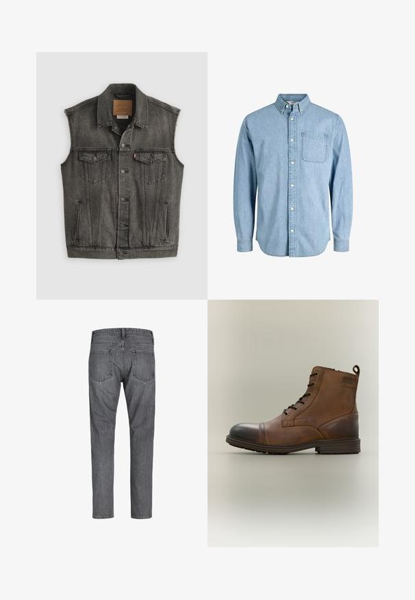 Sort falmet ærmeløs denimvest med knaplukning foran og to knappede brystlommer, lagt fladt på hvid baggrund.; Lyseblå denimskjorte med knapper, lange ærmer, krave, brystlomme og subtil tekstur. Har hvide knapper langs knapstolpen.; Mørkegrå denim jeans med lige ben set bagfra med to baglommer og synlige syninger langs sømmene.; Brun læderstøvle med snørebånd, sort tåhætte, rund sål og mærket detalje på siden mod ensfarvet baggrund.