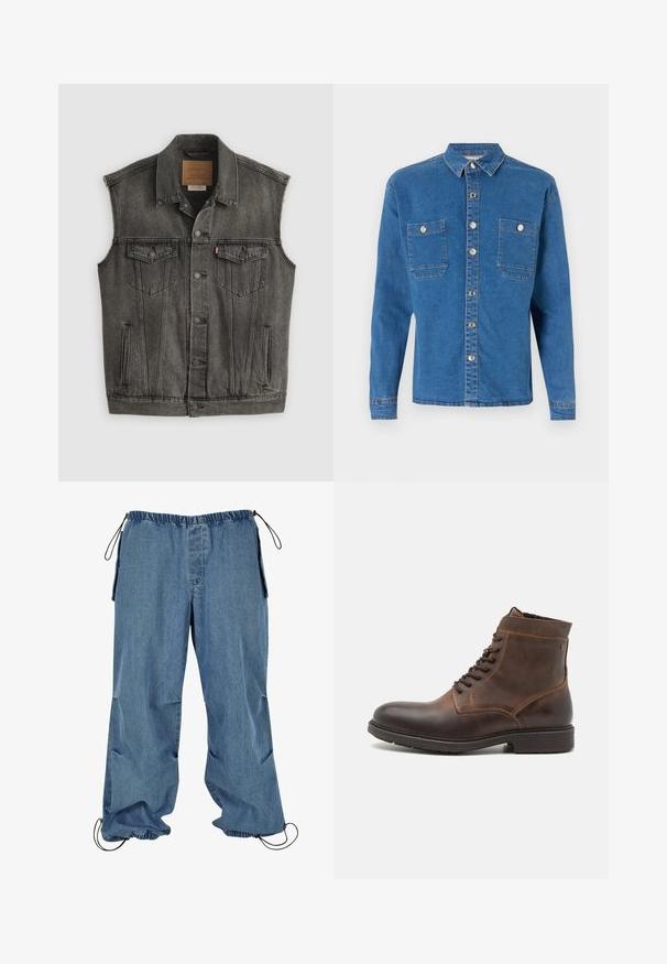 Zwarte vervaagde mouwloze spijkervest met knopen aan de voorkant en twee met knopen gesloten borstzakken, plat gelegd op een witte achtergrond.; Denim Project DPMDPLOOSE OVERSIZED DENIM SHIRT - Overhemd - mid blue washed; Lichtblauwe denim broek met een elastische taille, trekkoordmanchetten en zijzakken. De stof lijkt zacht met een licht vervaagde textuur.; Jack & Jones JFWDELANEY BOOT - Veterboots - cognac