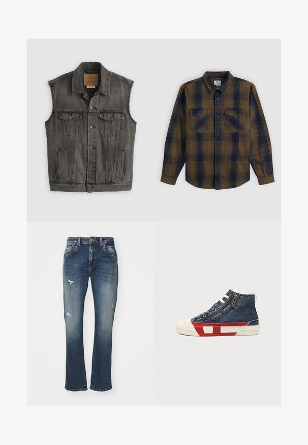 Schwarz ausgewaschene ärmellose Jeansweste mit Knopfleiste vorne und zwei aufgesetzten Brusttaschen mit Knöpfen, flach auf weißem Hintergrund liegend.; Langärmliges Hemd mit braunem und marineblauem Karomuster und zwei mit Knöpfen verschließbaren Brusttaschen, flach auf weißem Hintergrund liegend.; Bootcut-Jeans aus dunkelblauem Denim mit einem verblassten Finish, mit Abnutzungen an der Vorderseite, Fünf-Taschen-Design und einem Bund mit Knopfverschluss.; High-Top-Sneaker aus blauem Denim-Stoff, weiße Schnürsenkel, seitlicher Reißverschluss und rot-weißes Sohlen-Design auf einfarbigem Hintergrund.