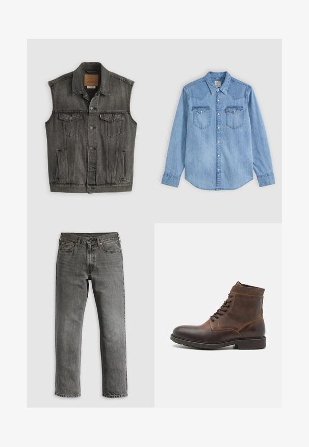 Schwarz ausgewaschene ärmellose Jeansweste mit Knopfleiste vorne und zwei aufgesetzten Brusttaschen mit Knöpfen, flach auf weißem Hintergrund liegend.; Hellblaues Jeanshemd mit langen Ärmeln, spitzem Kragen, zwei Brusttaschen mit Klappen und weißen Druckknöpfen vorne.; Graue Jeans aus Denim mit geradem Bein, ausgestattet mit fünf Taschen, kupfernen Nieten und sichtbaren Nähten. Klassisches Design mit Reißverschluss.; Jack & Jones JFWDELANEY BOOT - Schnürstiefelette - cognac