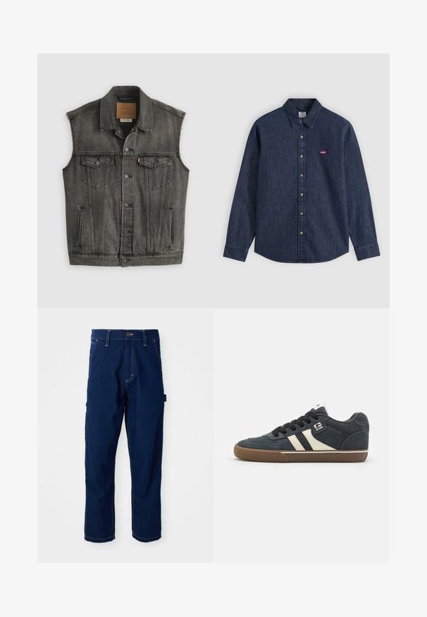 Veste en jean noire délavée sans manches avec fermeture frontale à boutons et deux poches poitrine à boutons, posée à plat sur fond blanc.; Chemise en denim bleu foncé à manches longues, boutonnée, avec col pointu et petit logo rouge Levi's sur la poitrine gauche.; Pantalons de travail en denim bleu foncé à jambes droites avec des coutures blanches, passants de ceinture, poches avant, et une boucle utilitaire sur le côté, sur un fond blanc.; Baskets en daim bleu foncé avec des rayures crème, lacets noirs et semelle en caoutchouc marron. Comprend un col rembourré et un logo sur le côté.